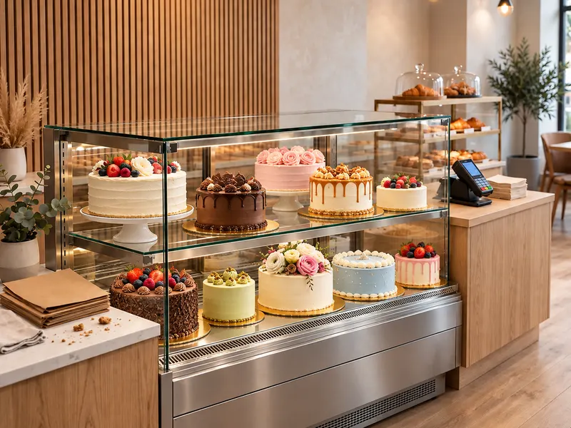 Bakery case with cakes presented on gold and silver boards