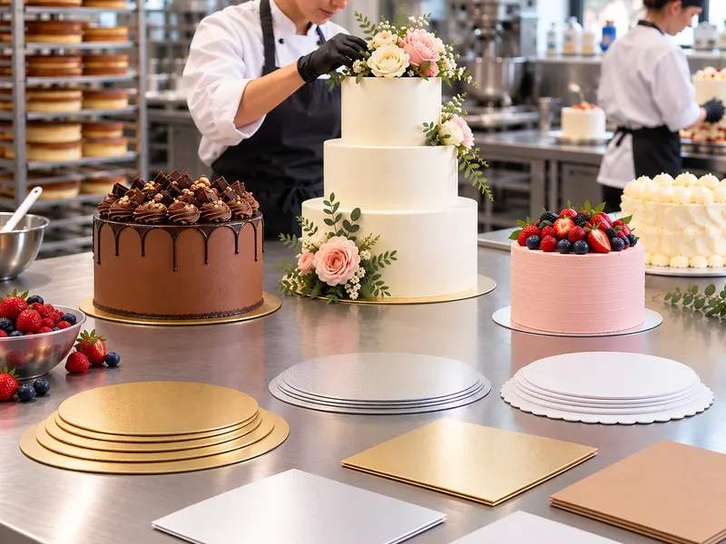 Pastry chefs finishing cakes on gold, silver, and white cake boards in a commercial bakery