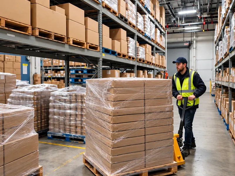 Warehouse worker moving a palletized shipment of cartons