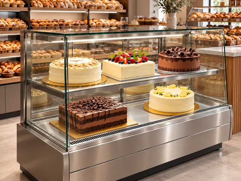 In-store bakery display with cakes on gold round and rectangular boards