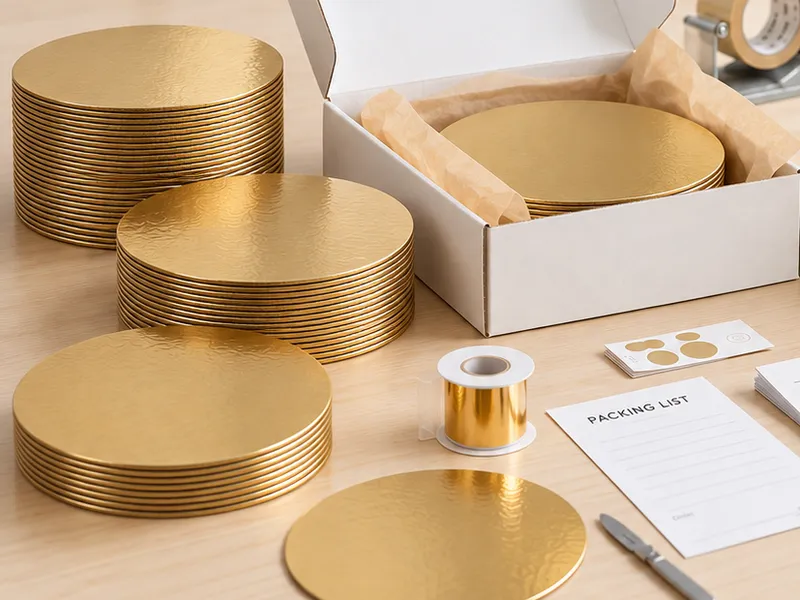 Packing station with stacks of gold cake boards and cartons