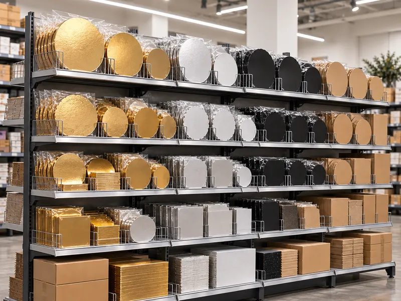 Supply aisle stocked with gold, silver, and black cake boards