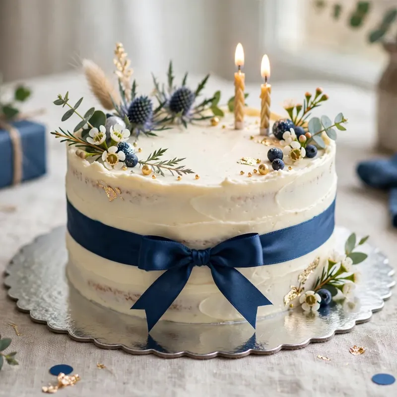 Birthday cake with navy ribbon on a silver flower-cut cake board