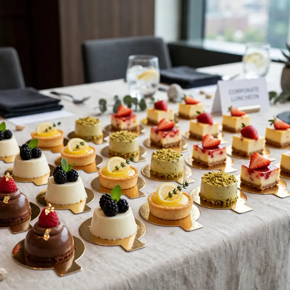 Assorted mono-portion desserts on gold boards at a corporate luncheon