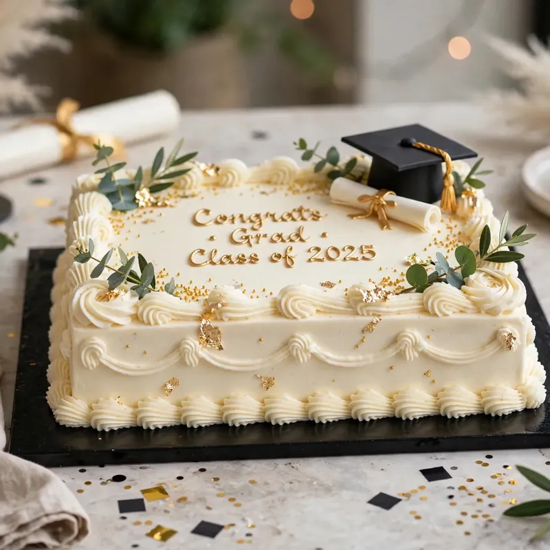 Graduation sheet cake on a black rectangular cake board