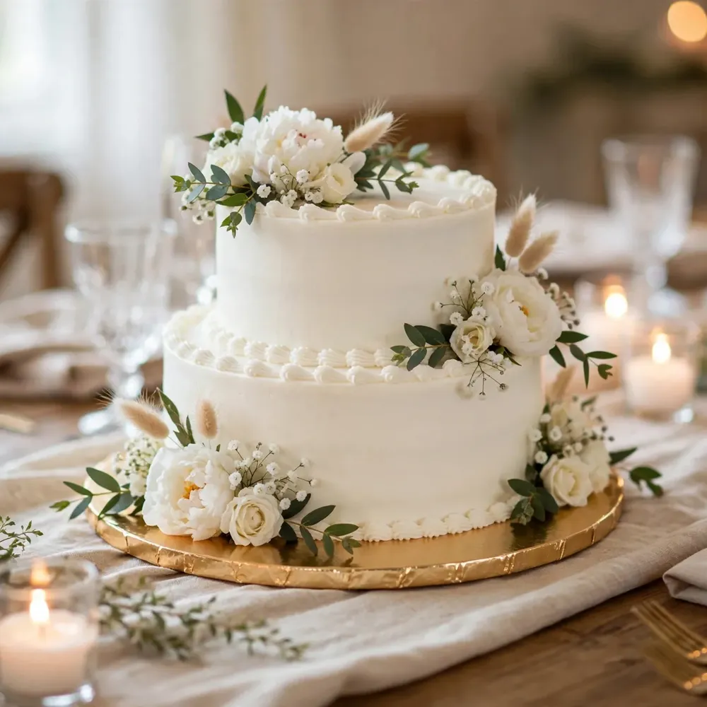 Two-tier white wedding cake with fresh flowers on a gold cake board