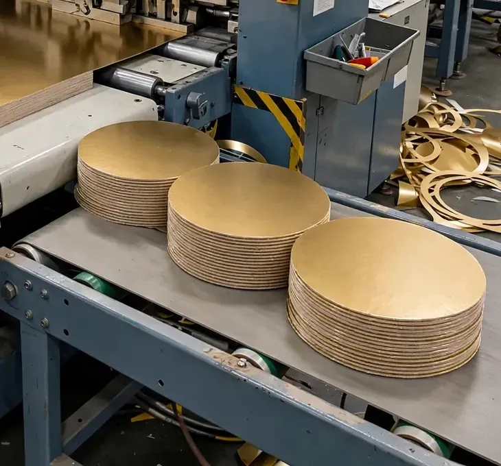 Gold cake boards stacked after die cutting on a production line