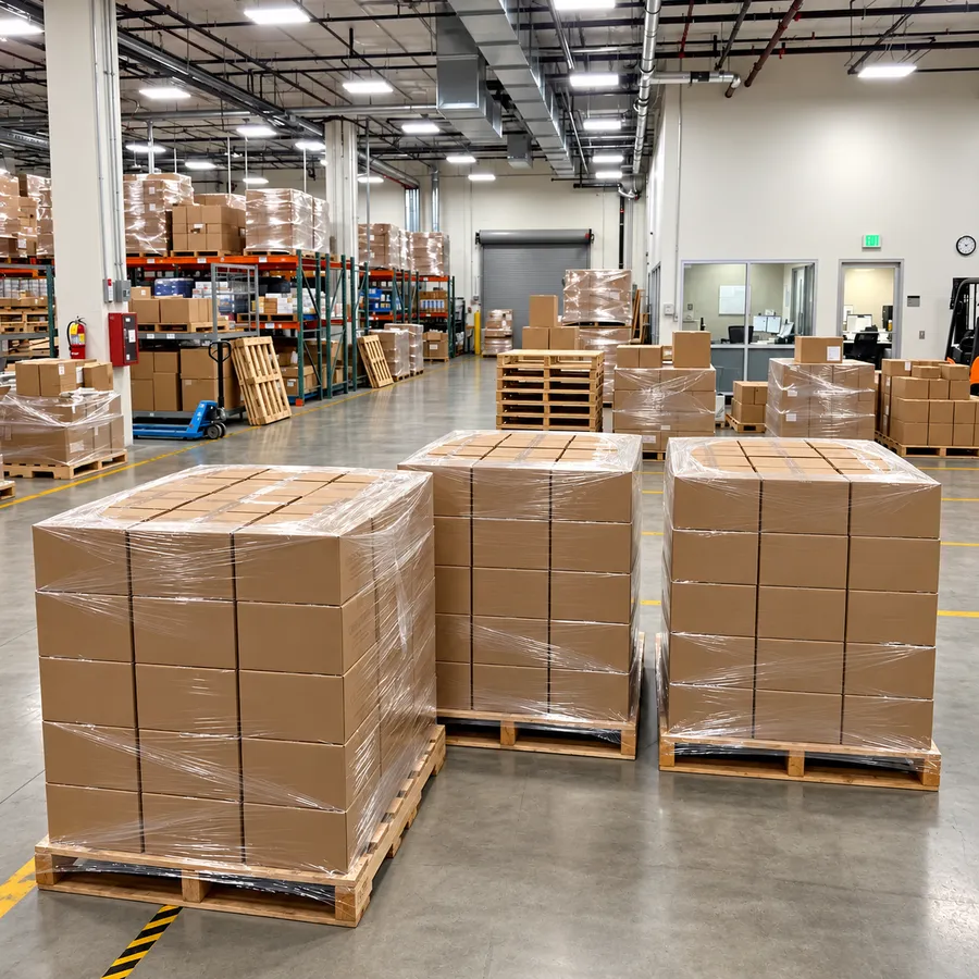 Stretch-wrapped pallets of cartons in a clean warehouse