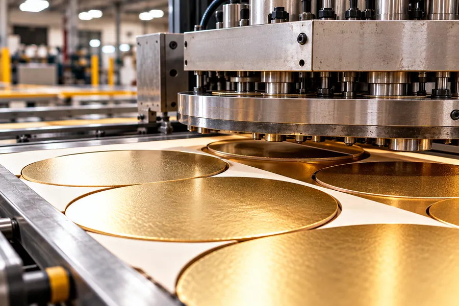 Gold boards being cut under an industrial press