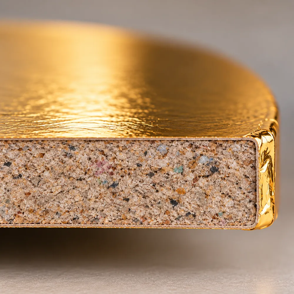 Cross-section of a gold-finished board showing its recycled core
